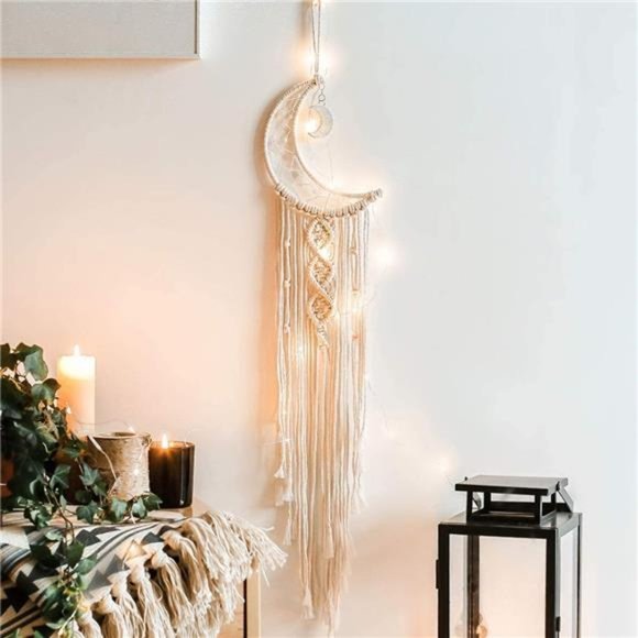Macrame Woven Wall Hanging Moon Dream Catcher- Boho Chic Bohemian Home Decor - Picture 1 of 6